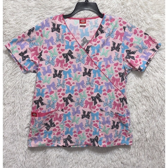 Dickies Tops - Dickies Scrub Top Women's Large Pink Bows Cotton Short Sleeve Nurse Medical